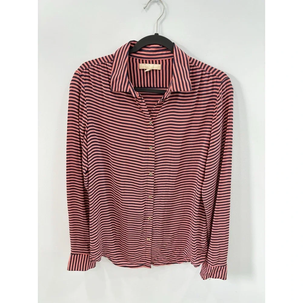 Banana Republic Womens 100% Silk Blouse Medium Pink Navy Striped Sheer - Picture 3 of 10